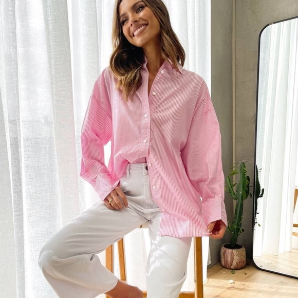 Pink Pinstripe Matching Set- Shorts and Button Up Long Sleeve Shirt - Picture 12 of 16